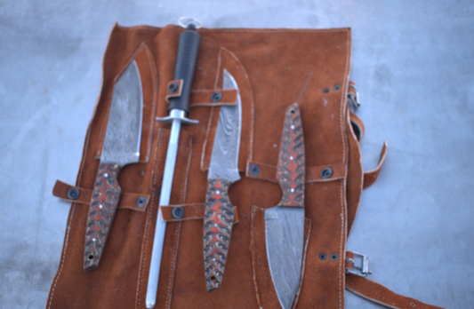 Damascus steel kitchen knife set. 3 knives + sharpener